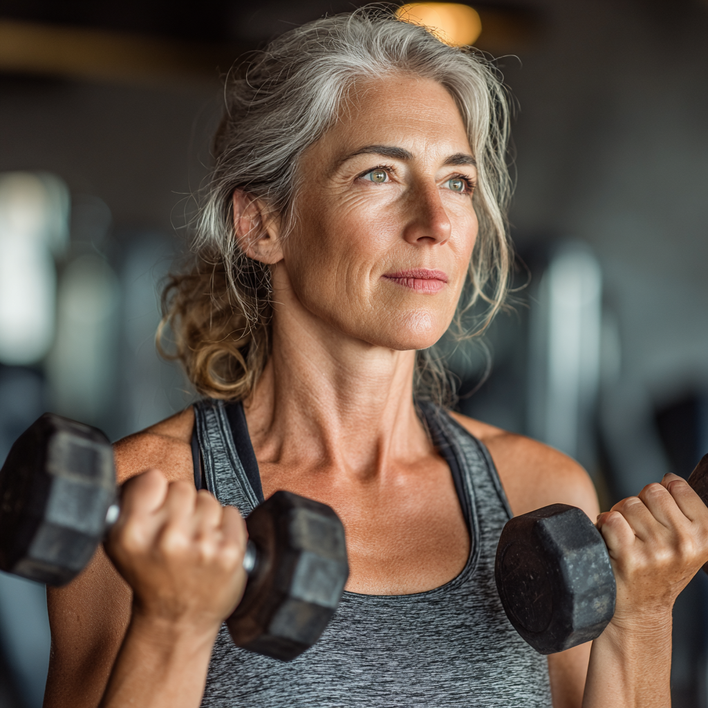 Active middle-aged woman in her 50s doing strength training with dumbbells in a modern gym setting