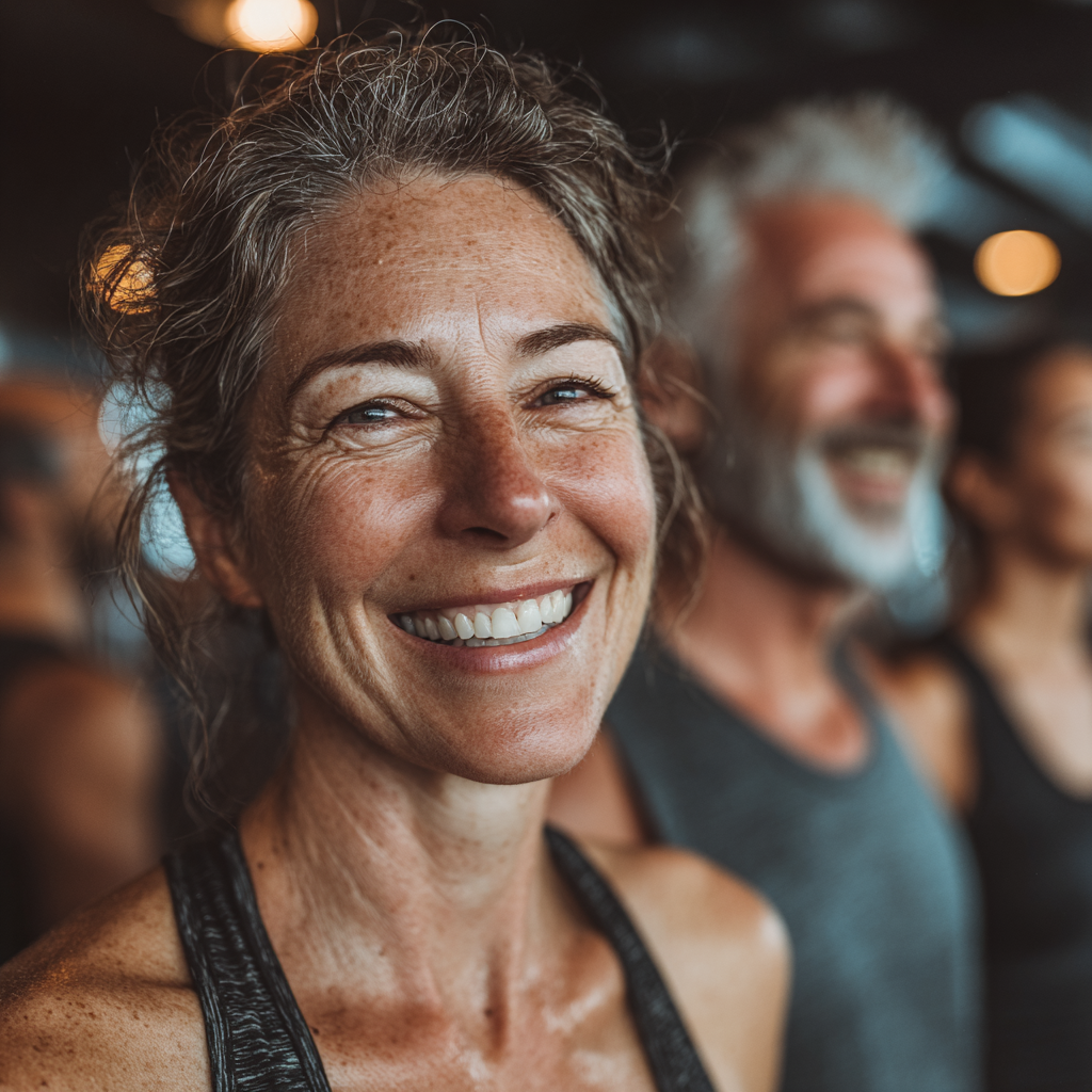 Happy group of middle-aged adults in their 40s and 50s celebrating fitness achievements together in bright gym environment