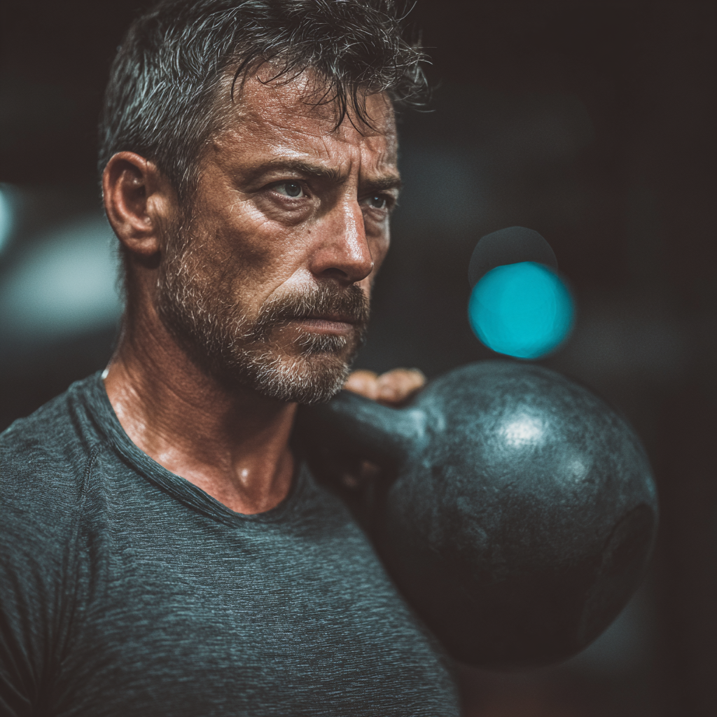 Mature man in his 40s performing kettlebell exercise in gym with focused expression showing determination and strength
